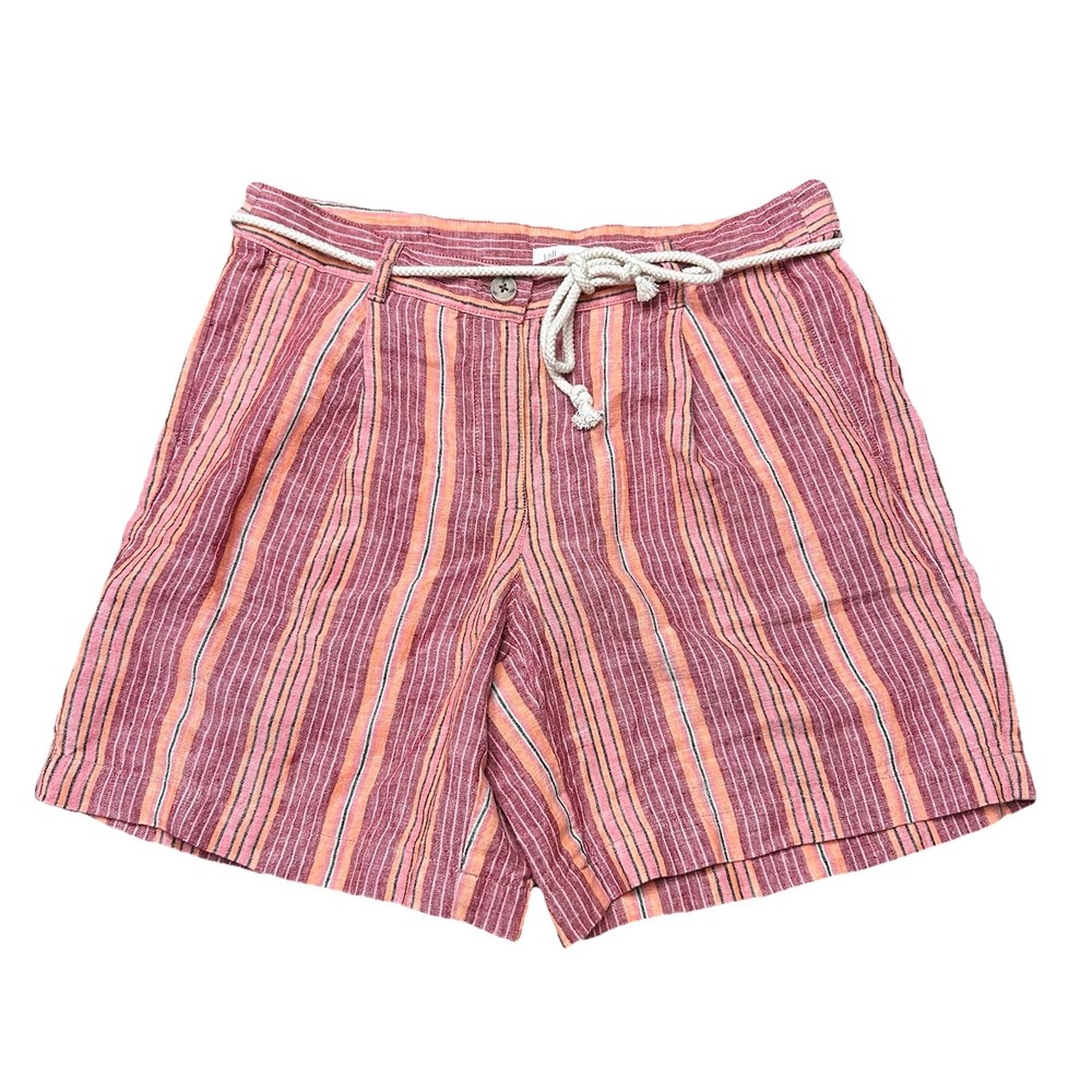 J. Jill Love Linen Pink Red Striped Shorts Size 8 Boho Belted Beach